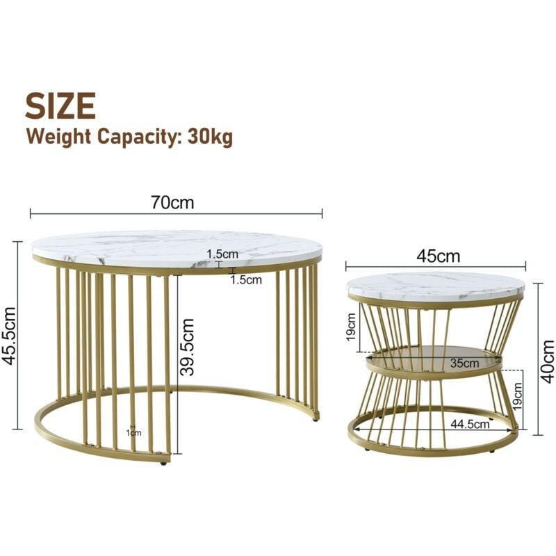 2 Li Yuvarlak Mermer Orta Sehpa 70x70x45 cm Gold Ayaklı - 103297