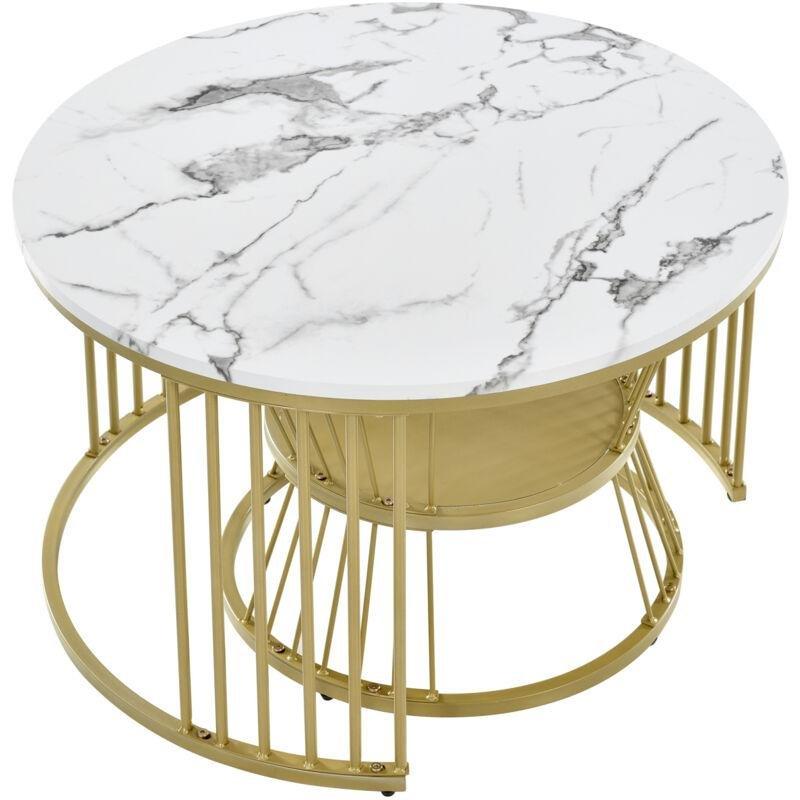 2 Li Yuvarlak Mermer Orta Sehpa 70x70x45 cm Gold Ayaklı - 103297