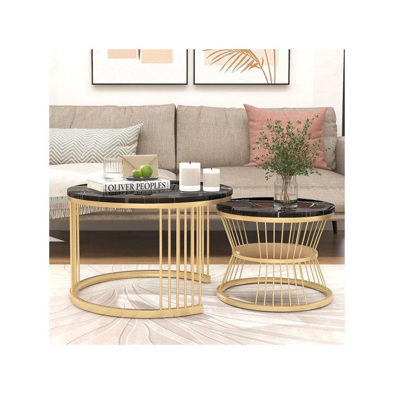 2 Li Yuvarlak Mermer Orta Sehpa Metal Çerçeveli 70x70 cm Siyah - 102606