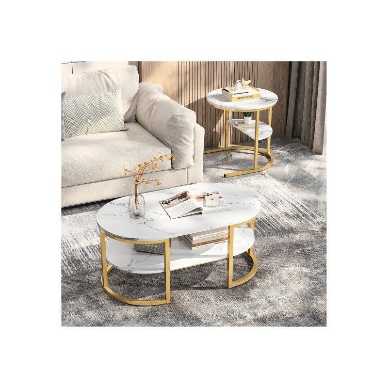 2 Li Yuvarlak Orta Sehpa, Beyaz Mermer Görünümlü MDF, Gold Metal Ayaklı 52x52x51 cm ve 80x46x41 cm - 102369