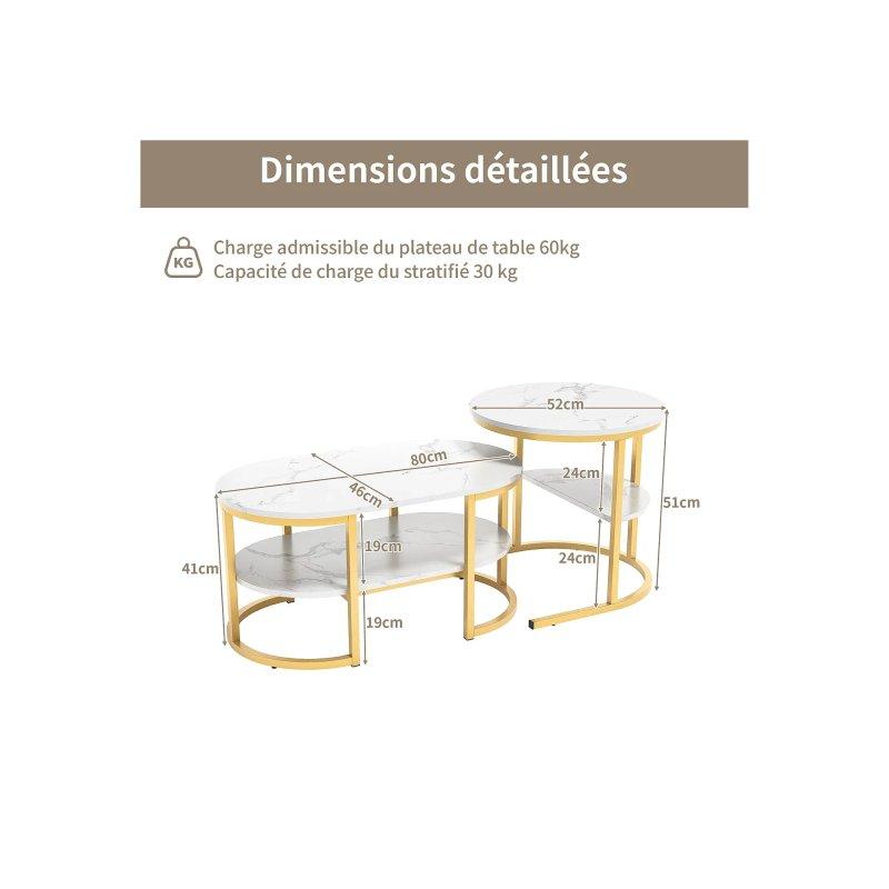 2 Li Yuvarlak Orta Sehpa, Beyaz Mermer Görünümlü MDF, Gold Metal Ayaklı 52x52x51 cm ve 80x46x41 cm - 102369