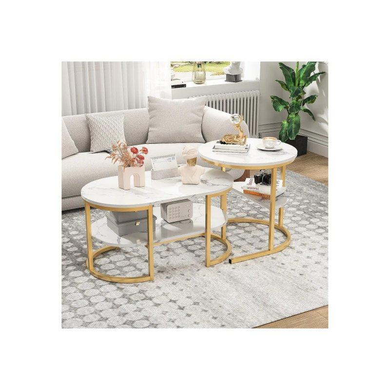 2 Li Yuvarlak Orta Sehpa, Beyaz Mermer Görünümlü MDF, Gold Metal Ayaklı 52x52x51 cm ve 80x46x41 cm - 102369