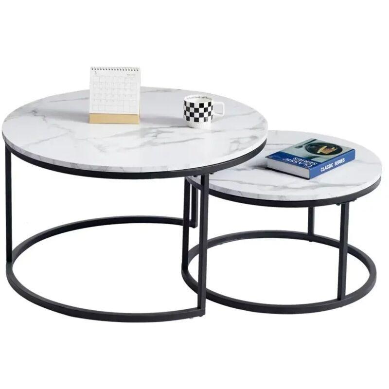 2 Li Yuvarlak Orta Sehpa Beyaz Mermerli Ahşap Üstü Metal Ayaklı 60 cm - 103304