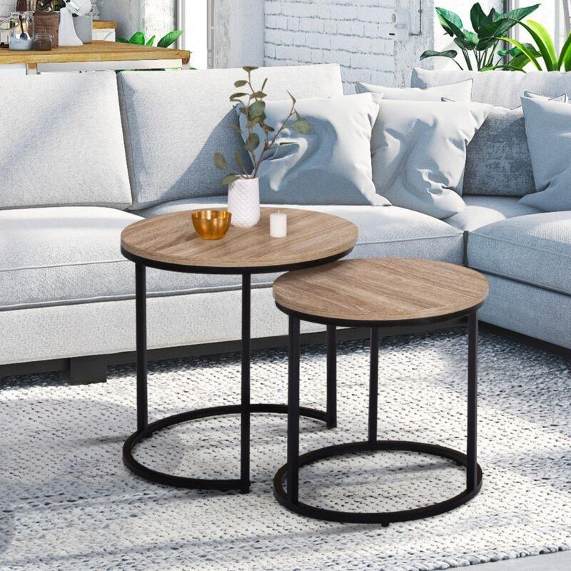 2 Li Yuvarlak Orta Sehpa Doğal Ahşap Metal Ayaklı 40-45 cm - 103377