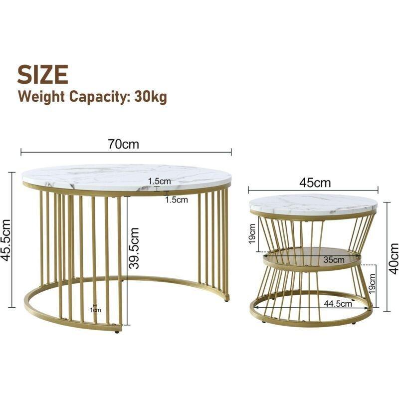 2 Li Yuvarlak Orta Sehpa Gold Ayaklı Mermer Görünümlü 70 cm - 102939