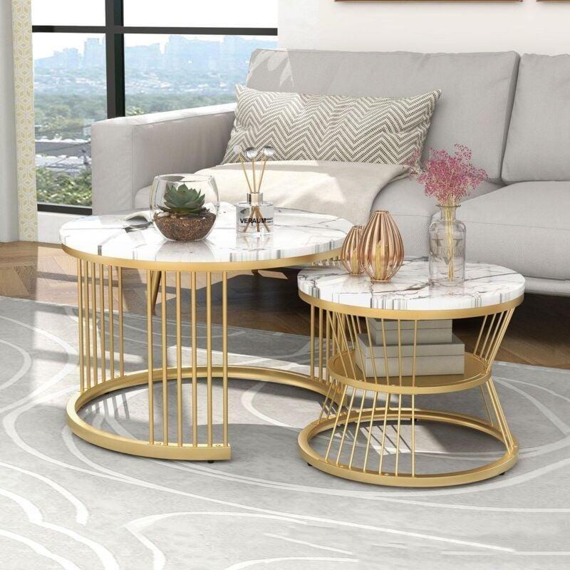 2 Li Yuvarlak Orta Sehpa Gold Ayaklı Mermer Görünümlü 70 cm - 102939