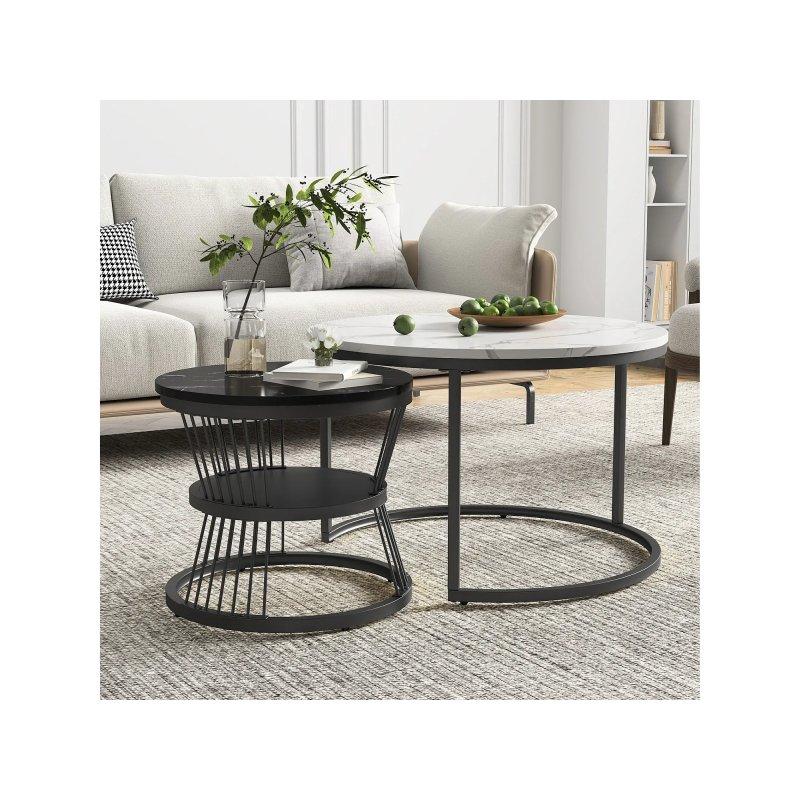 2 Li Yuvarlak Orta Sehpa Takımı MDF Mermer Desenli Beyaz 70x45 cm - 102366