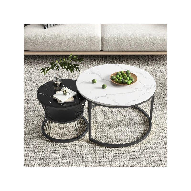 2 Li Yuvarlak Orta Sehpa Takımı MDF Mermer Desenli Beyaz 70x45 cm - 102366