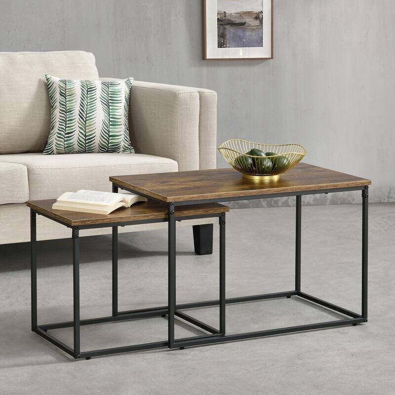 2 Li Zigon Sehpa Koyu Ahşap Desenli Siyah Metal 77x43 cm - 107322