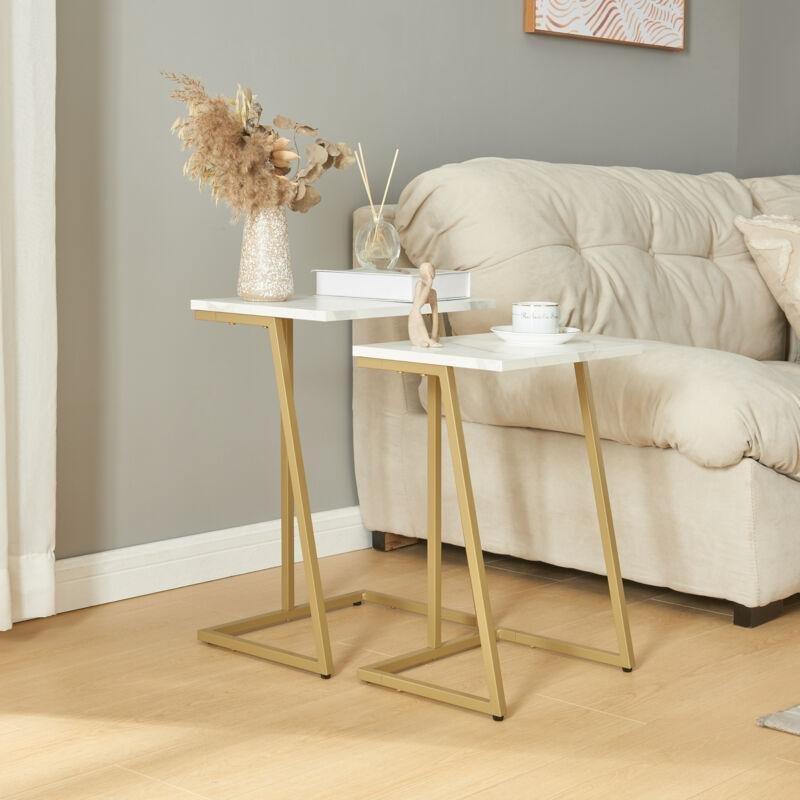 2'li Beyaz Mermer Desenli Gold Zigon Sehpa 56x40x28 cm - 107513
