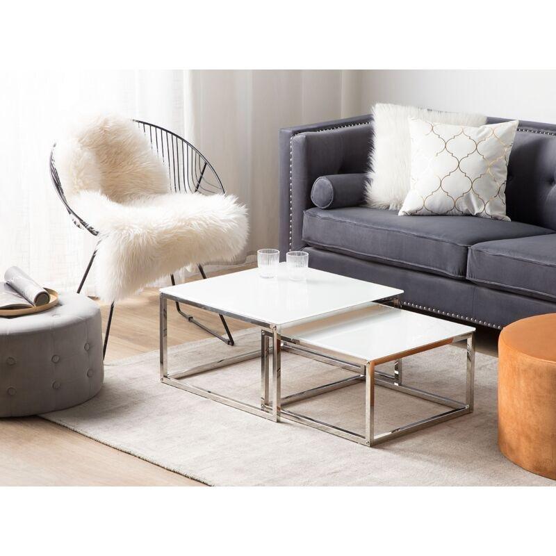 2'li Cam Orta Sehpa Seti Beyaz Metal Ayaklı 50x60 cm - 102709