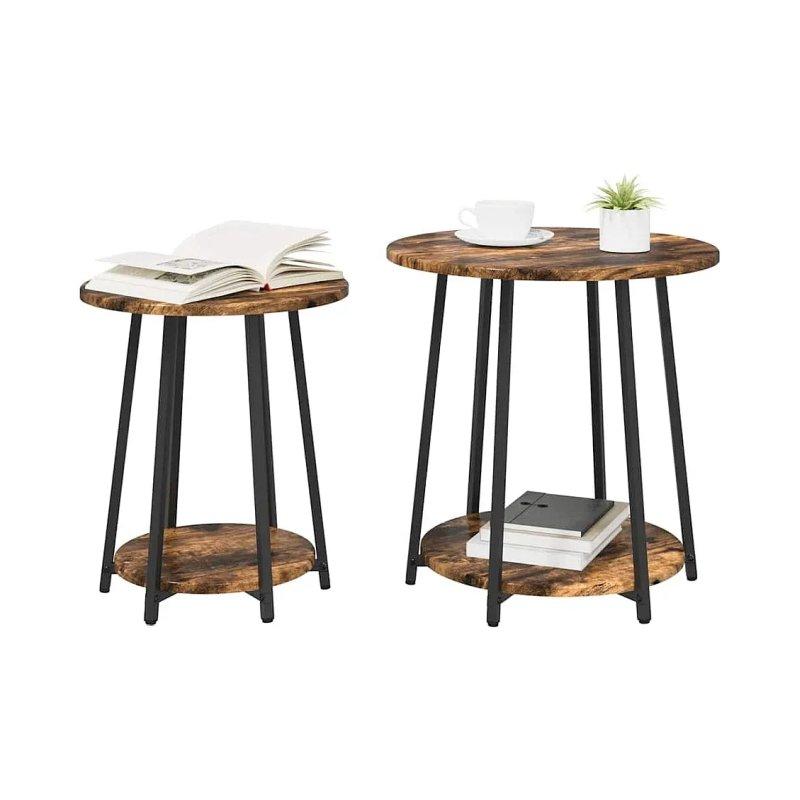 2'li Füme Meşe ve Siyah Metal Yuvarlak Zigon Sehpa 50x50x51 cm - 106204