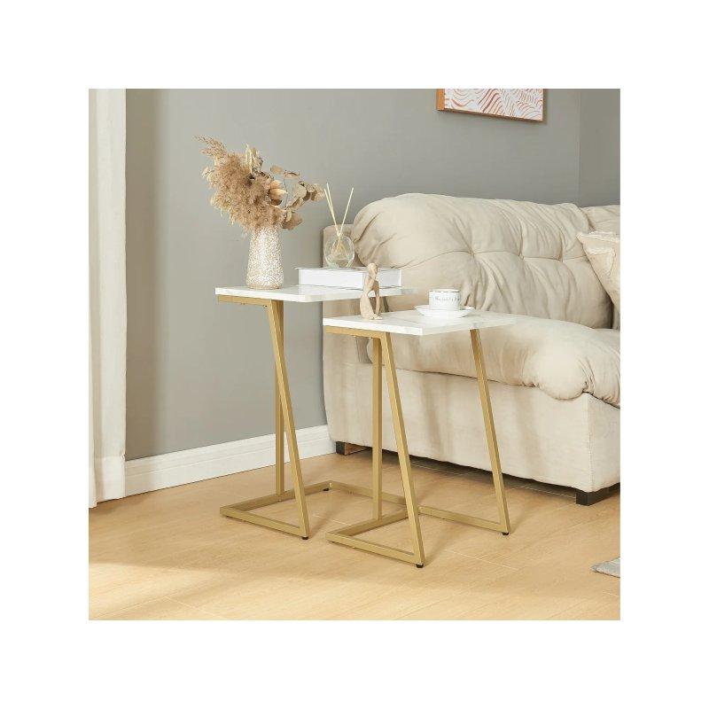 2'li Metal Zigon Sehpa Gold Beyaz Mermer Desenli 30x56x40 cm - 106270