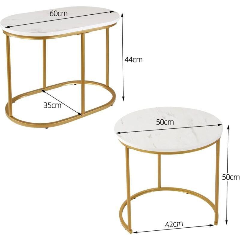 2'li Yuvarlak Orta Sehpa Beyaz Mermerli Üstü Gold Metal Ayaklı 50-60 cm - 103006