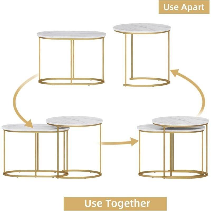 2'li Yuvarlak Orta Sehpa Beyaz Mermerli Üstü Gold Metal Ayaklı 50-60 cm - 103006
