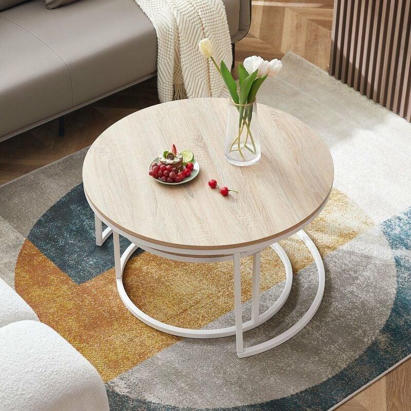 2'li Yuvarlak Orta Sehpa Endüstriyel Çelik Çerçeve Ceviz Renk 80x45 cm ve 60x35 cm - 103519