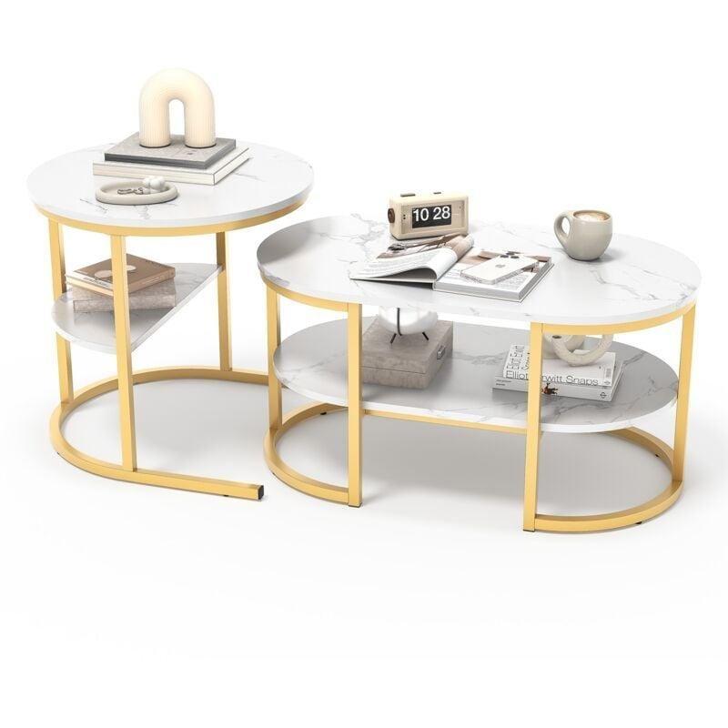 2'li Yuvarlak ve Oval Beyaz Orta Sehpa Takımı Mermer Görünümlü Üst Tablası Gold Metal Çerçeveli 80x46 cm - 102741