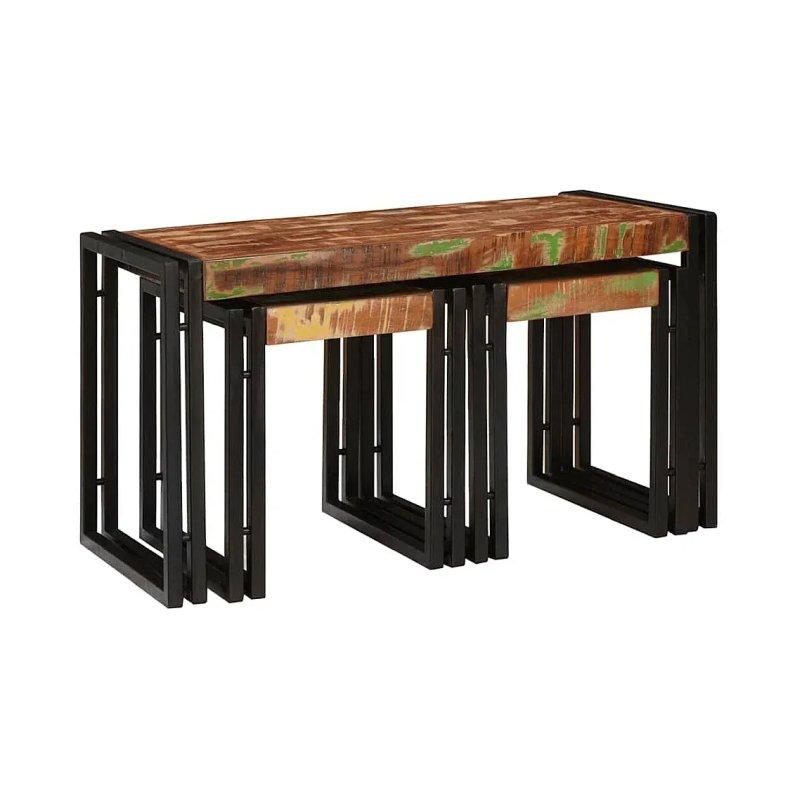 3'lü Kahverengi Siyah Metal Ayaklı Geri Dönüşüm Ahşap Zigon Sehpa 82x40x45 cm - 106162