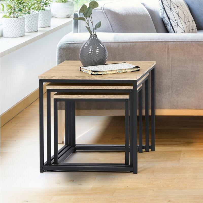 3'lü Yuvalanabilir Orta Sehpa Endüstriyel Tasarım Metal Siyah Ahşap 35-40-45 cm - 103230