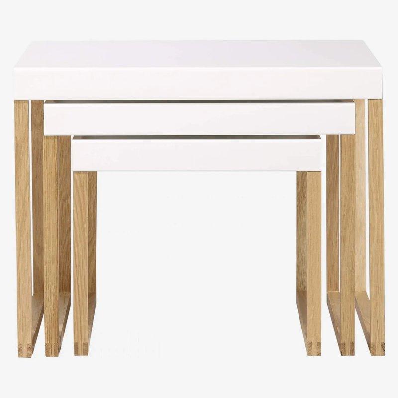 3'lü Yuvarlak Orta Sehpa Seti Beyaz Endüstriyel Çelik ve Masif Meşe 42 x 34 x 30 cm - 103748