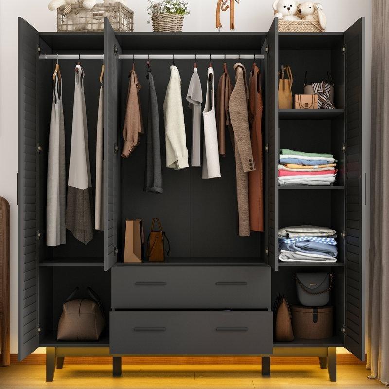 4 Kapılı Siyah Gardrop, Endüstriyel Ahşap, 180 cm Yükseklik, LED Aydınlatmalı - 90991