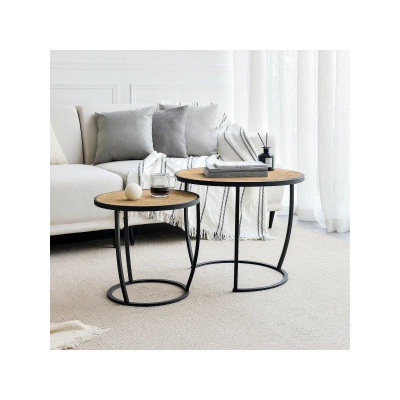 60 cm Siyah Metal Ayaklı Ahşap Desenli Yuvarlak Zigon Sehpa 2 li Set - 106444