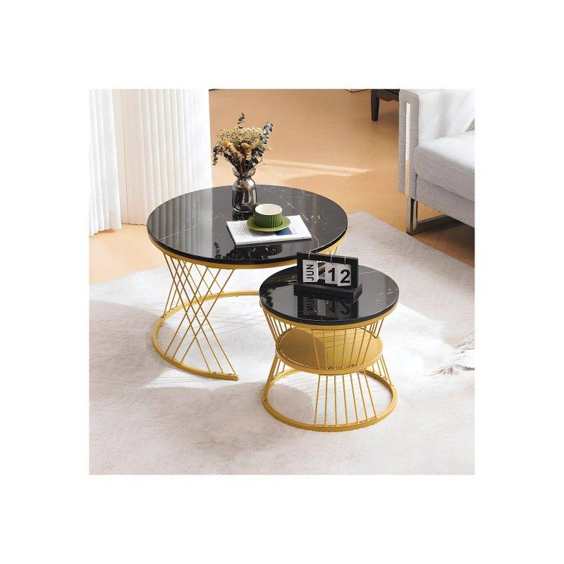 70x45 cm Gold Metal Ayaklı Siyah Mermer Desenli 2li Zigon Sehpa - 106543