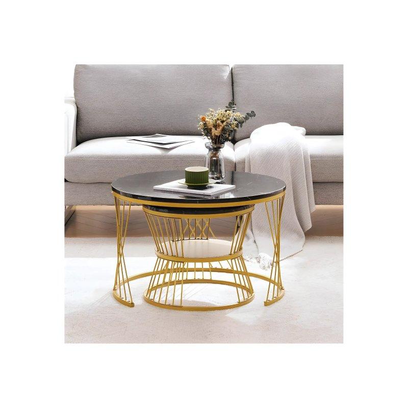 70x45 cm Gold Metal Ayaklı Siyah Mermer Desenli 2li Zigon Sehpa - 106543