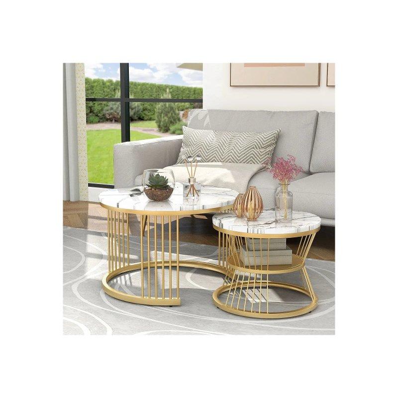 70x45 cm Yuvarlak Beyaz Mermer Desenli Gold Metal Zigon Sehpa - 106690