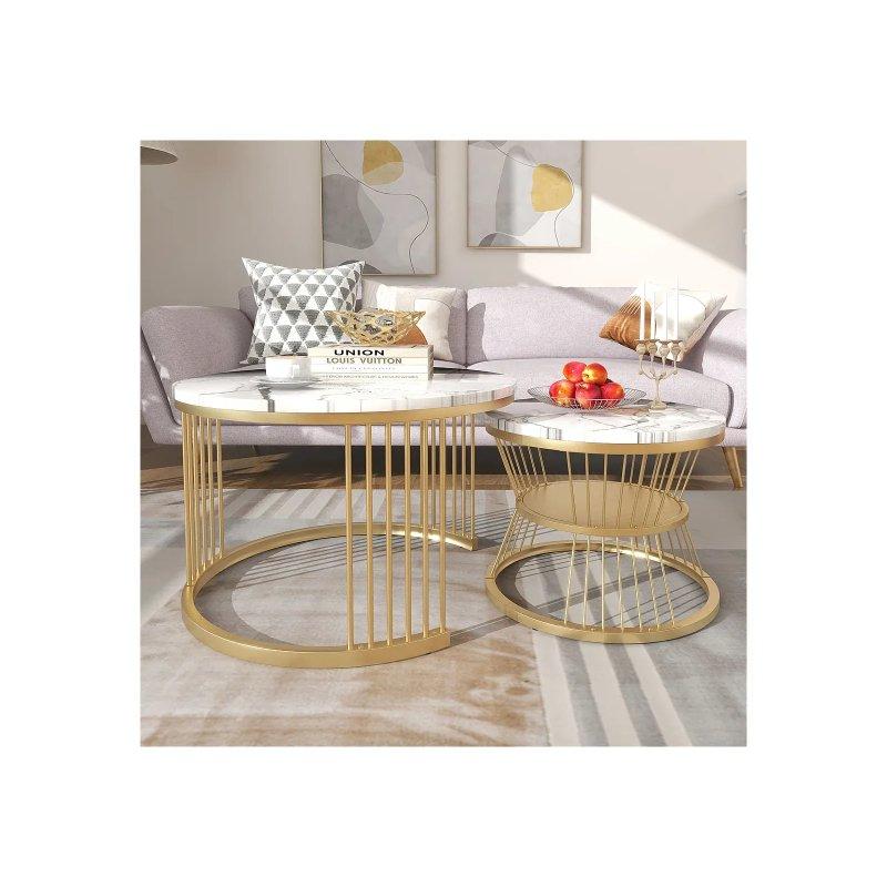 70x45 cm Yuvarlak Beyaz Mermer Desenli Gold Metal Zigon Sehpa - 106690