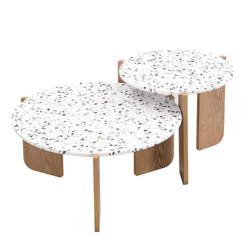 70x70x35 cm Terrazzo Desenli MDF Zigon Sehpa, Beyaz ve Ahşap - 107956