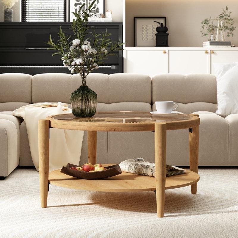 74 cm Yuvarlak Bohem Orta Sehpa Hasır Üstlü Camlı Ahşap Doğal - 105214