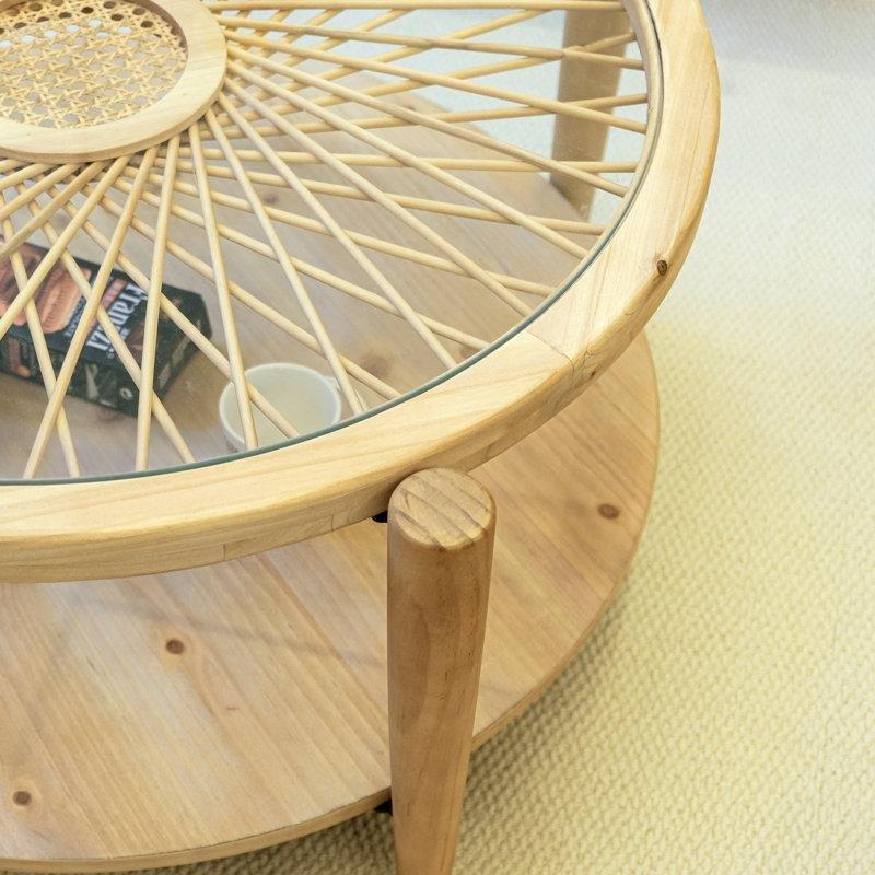 74 cm Yuvarlak Bohem Orta Sehpa Hasır Üstlü Camlı Ahşap Doğal - 105214