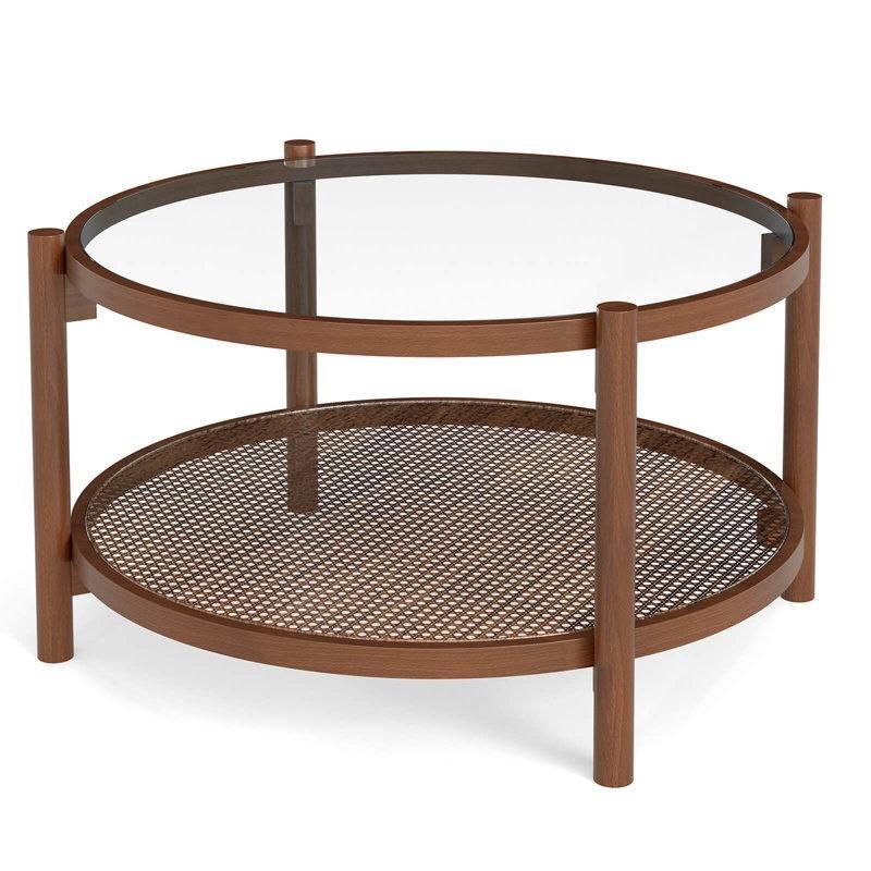 79 cm Yuvarlak Cam Üstlü Hasır Raflı Masif Ahşap Rattan Orta Sehpa - 105364