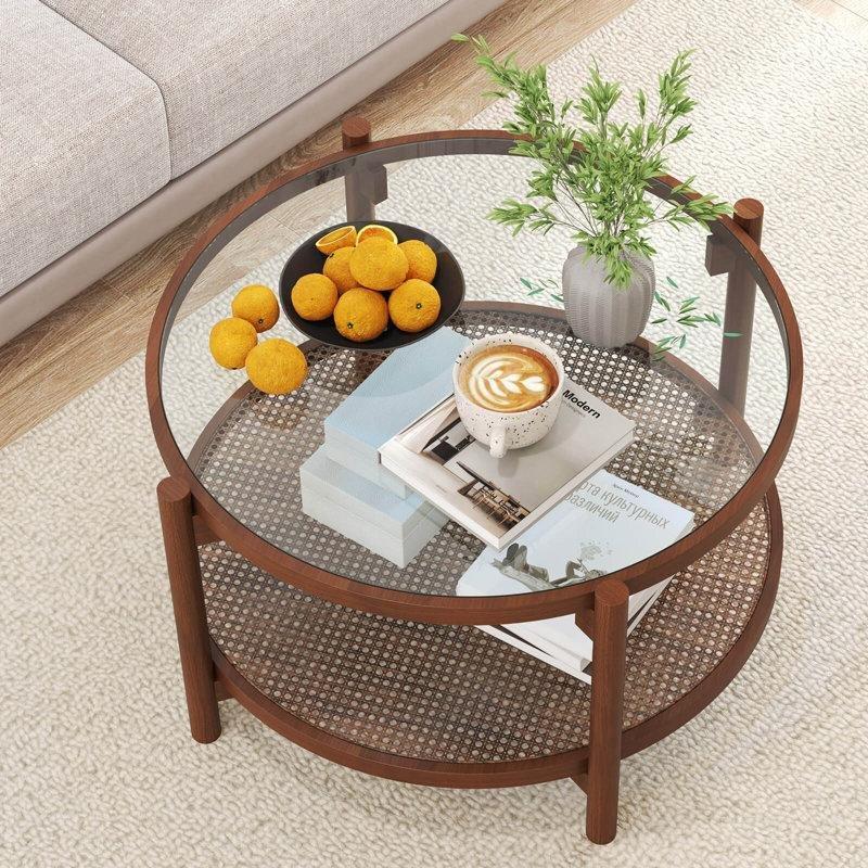 79 cm Yuvarlak Cam Üstlü Hasır Raflı Masif Ahşap Rattan Orta Sehpa - 105364