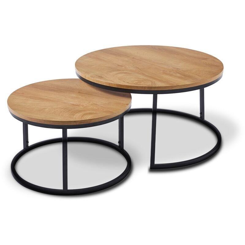 80 cm Yuvarlak Ahşap Zigon Sehpa İkili Set Siyah Metal Ayaklı - 107913