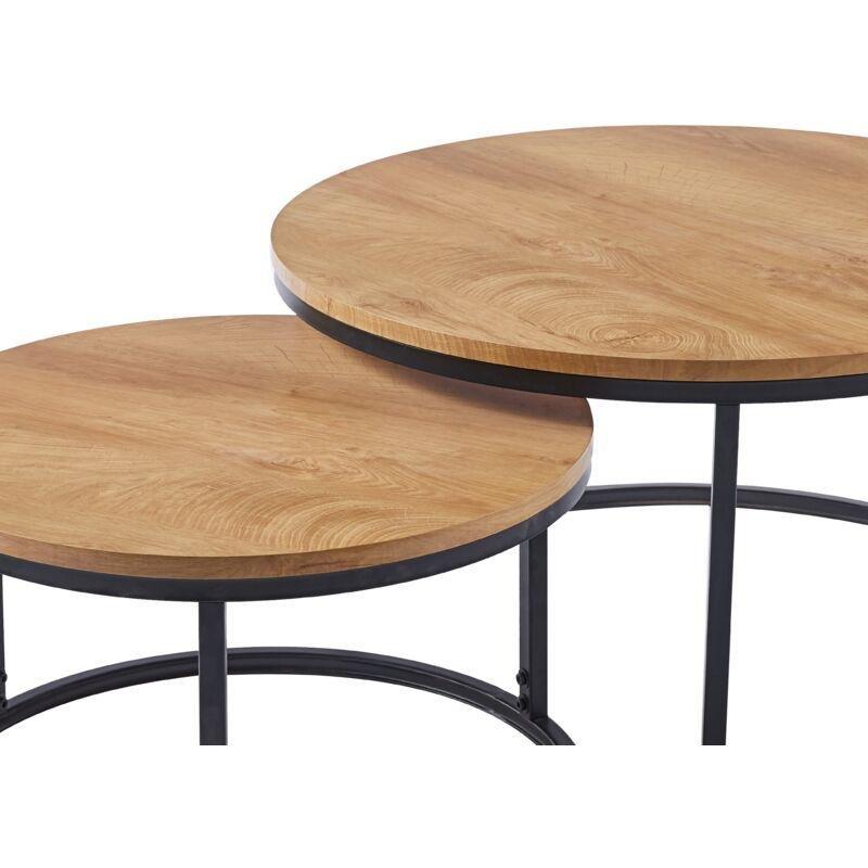 80 cm Yuvarlak Ahşap Zigon Sehpa İkili Set Siyah Metal Ayaklı - 107913