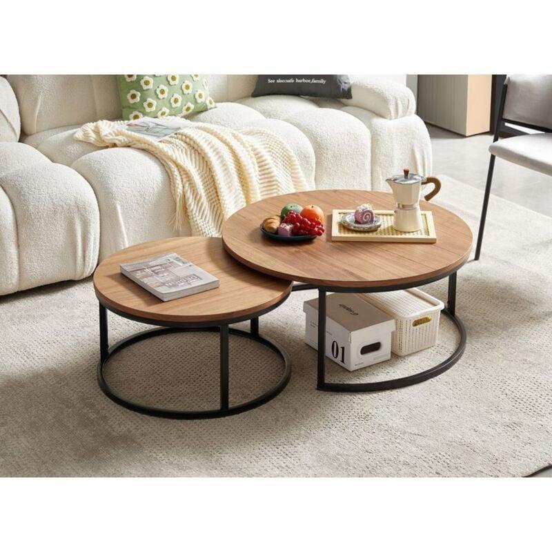 80 cm Yuvarlak Ahşap Zigon Sehpa İkili Set Siyah Metal Ayaklı - 107913