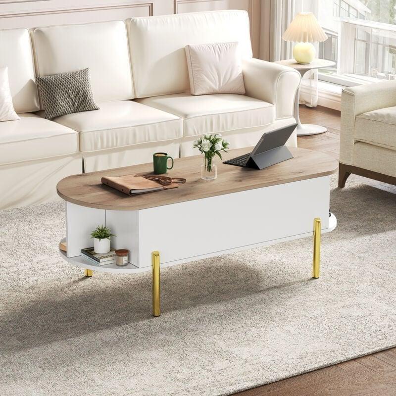 Açılır Akıllı Sehpa Beyaz-Doğal Ahşap 120x50cm Pistonlu - 101738