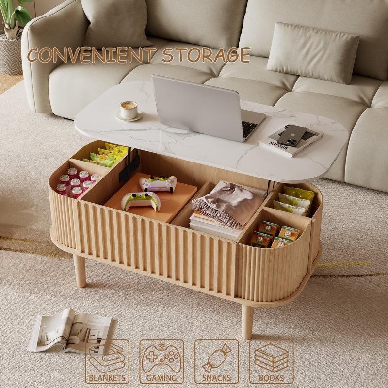 Açılır Akıllı Sehpa, Mermer Görünümlü Üst Yüzey ve Doğal Meşe Ağacı Ayaklar, 101x40x50 cm - 101187