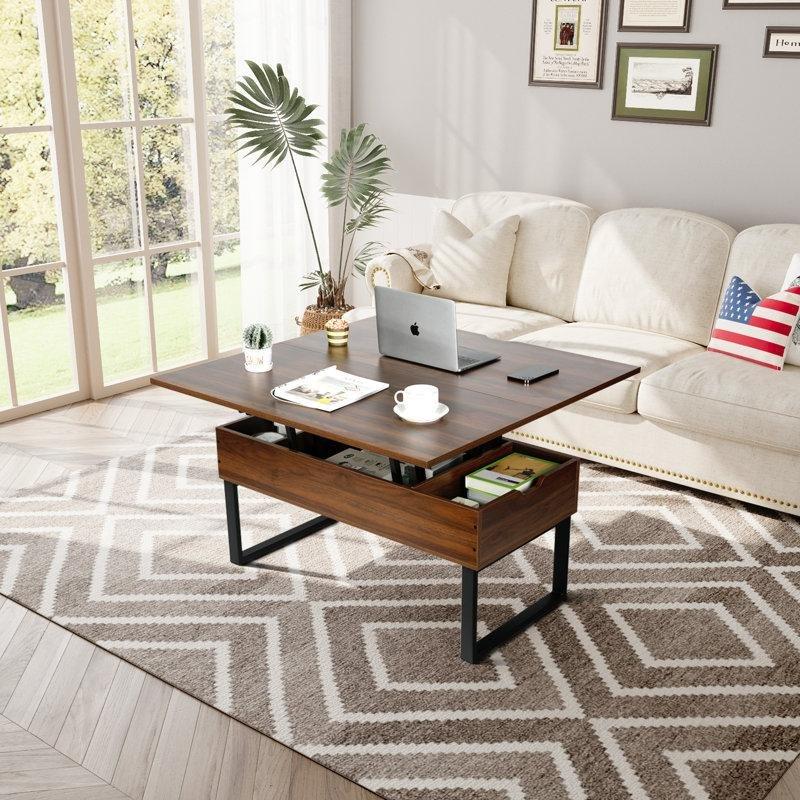 Açılır Endüstriyel Ahşap Akıllı Sehpa 100x100 cm, Ceviz Rengi Metal Ayaklı - 101433