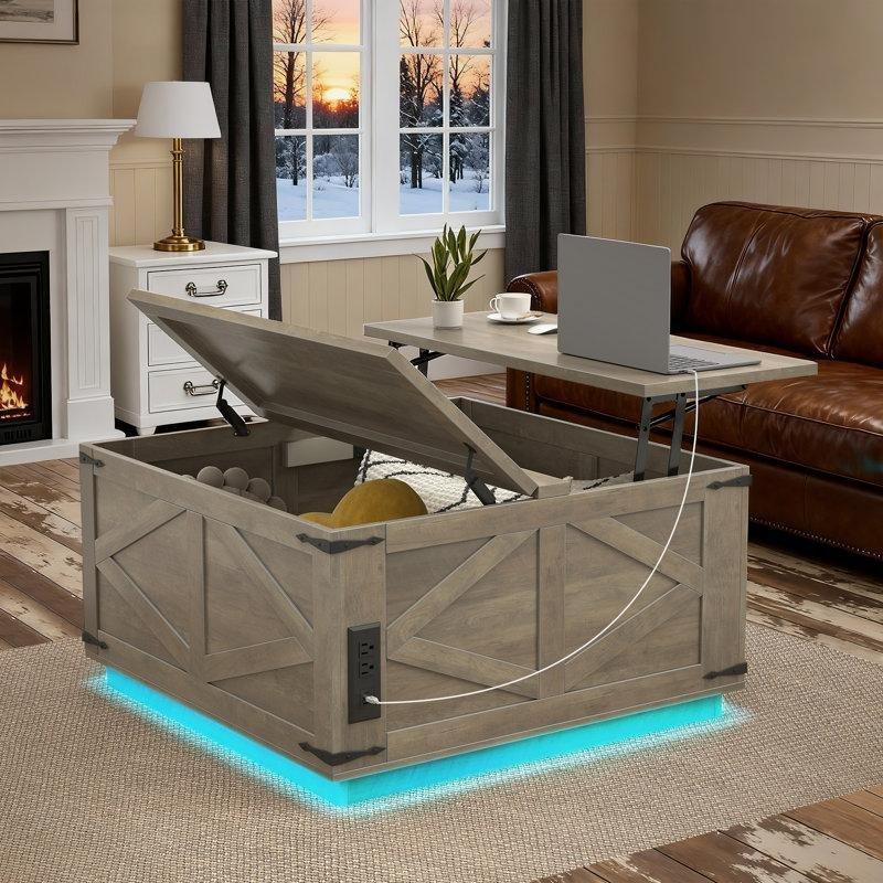 Açılır LED Akıllı Sehpa Endüstriyel Ahşap 80x80x47 cm - 101268