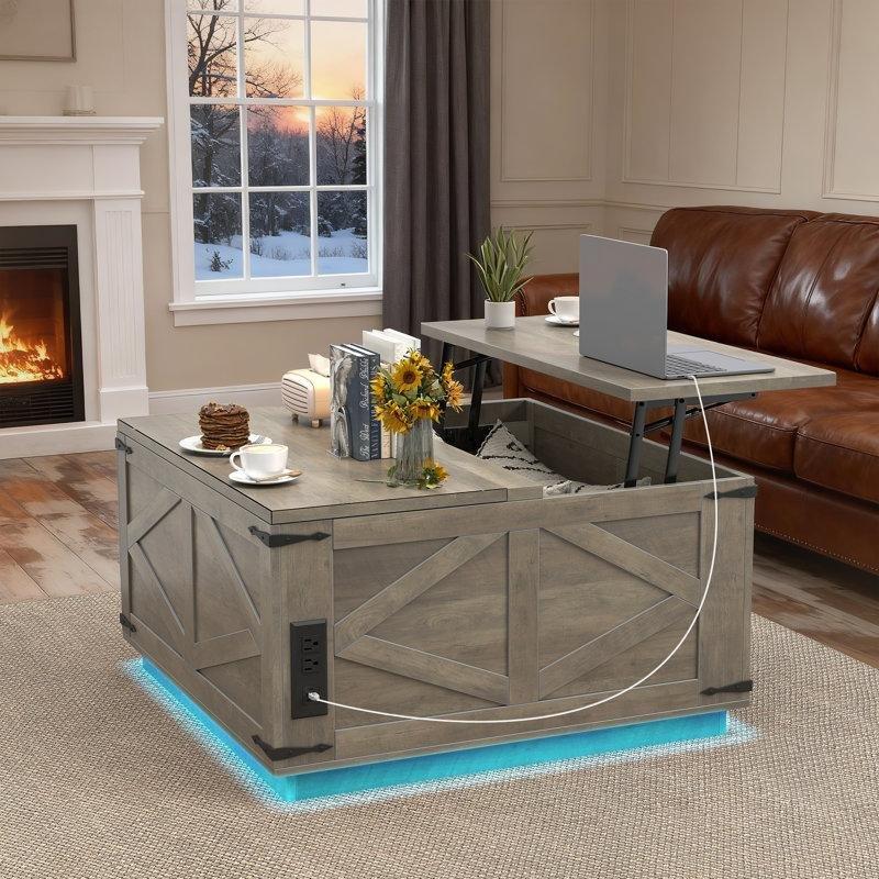 Açılır LED Akıllı Sehpa Endüstriyel Ahşap 80x80x47 cm - 101268