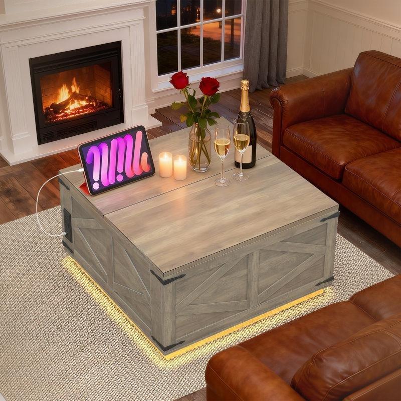 Açılır LED Akıllı Sehpa Endüstriyel Ahşap 80x80x47 cm - 101268