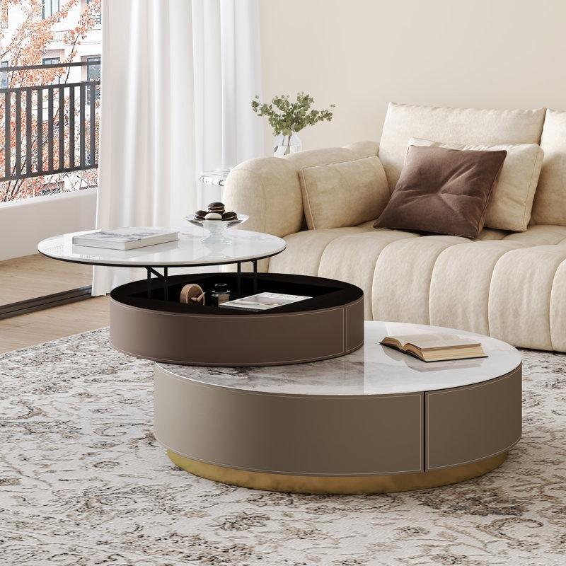 Açılır Yuvarlak Akıllı Sehpa Mermer Üstü Kahverengi Deri 90x90 cm - 101022