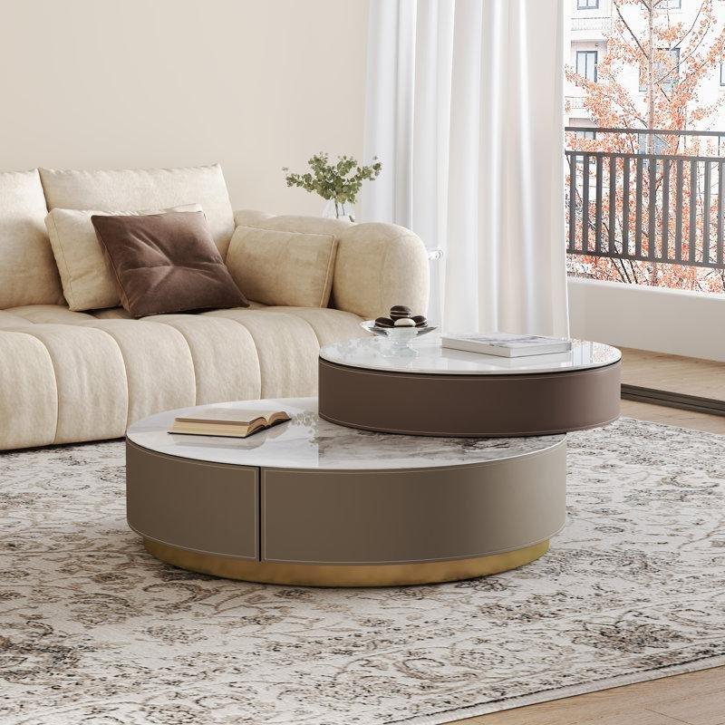 Açılır Yuvarlak Akıllı Sehpa Mermer Üstü Kahverengi Deri 90x90 cm - 101022