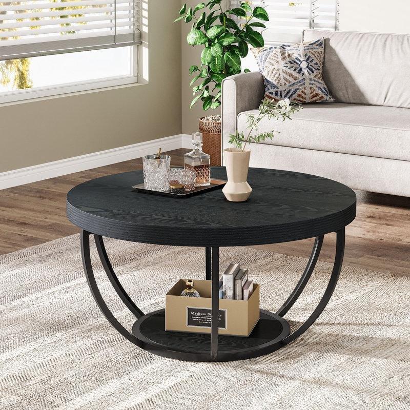 Adalise Siyah Endüstriyel Ahşap 2 Katlı Orta Sehpa 80x80 cm - 104683