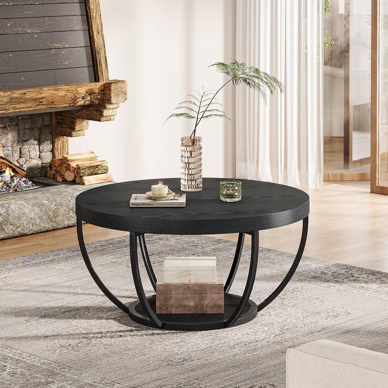 Adalise Siyah Endüstriyel Ahşap 2 Katlı Orta Sehpa 80x80 cm - 104683