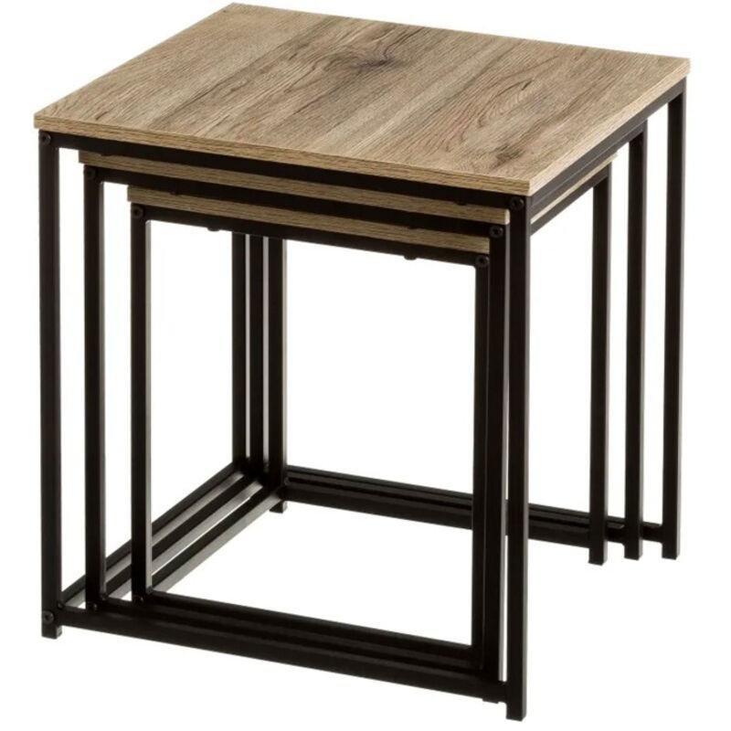 Ahşap Desenli Üçlü Zigon Sehpa Siyah Metal Ayaklı 40x40x42 cm - 107555