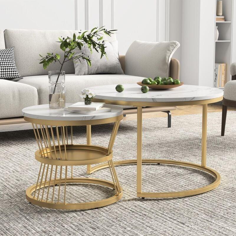Ahşap Mermer Desenli Gold Ayaklı 2 Li Yuvarlak Orta Sehpa 70 cm - 103497